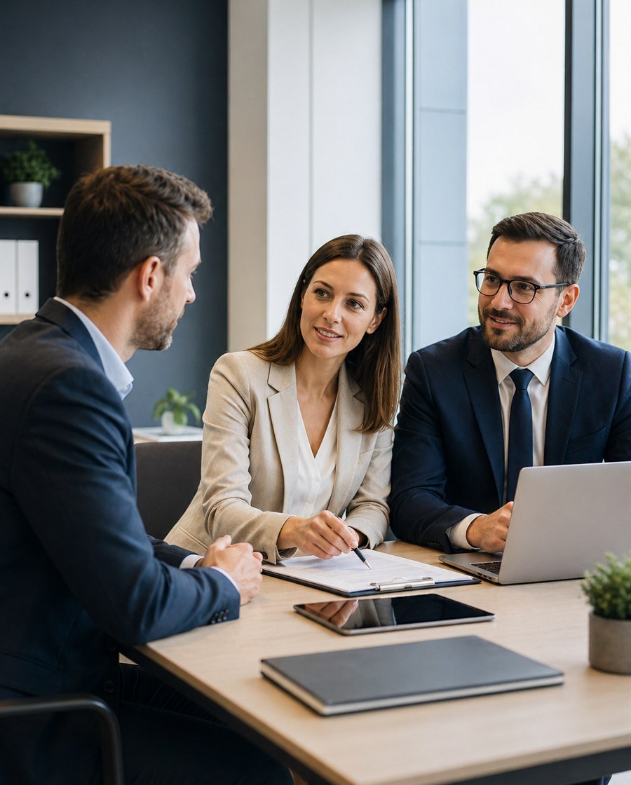 Financiele adviseurs bespreken een leningaanvraag met een klant op kantoor
