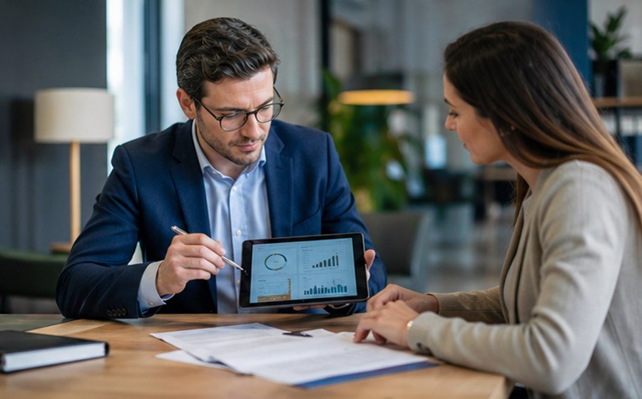 Kredietmaatschappij met digitale simulatie en documenten
