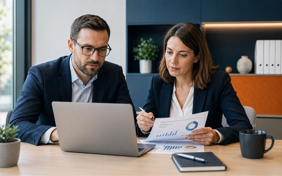 Financiele specialisten analyseren een kredietdossier op kantoor
