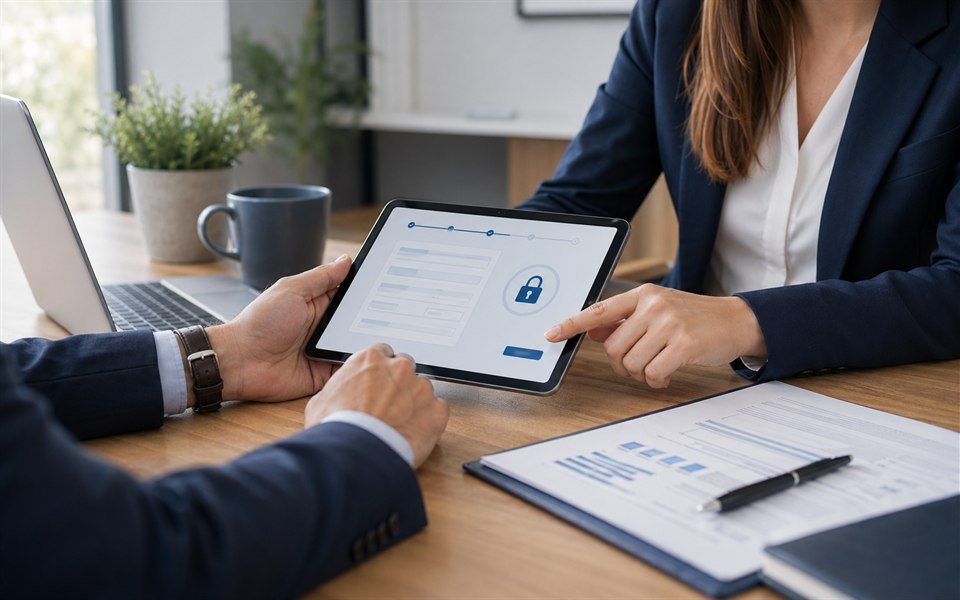 Adviseur en klant dienen een beveiligde online aanvraag in via een tablet