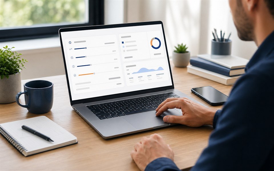 Client bekijkt een indicatieve leningsimulatie op een laptop